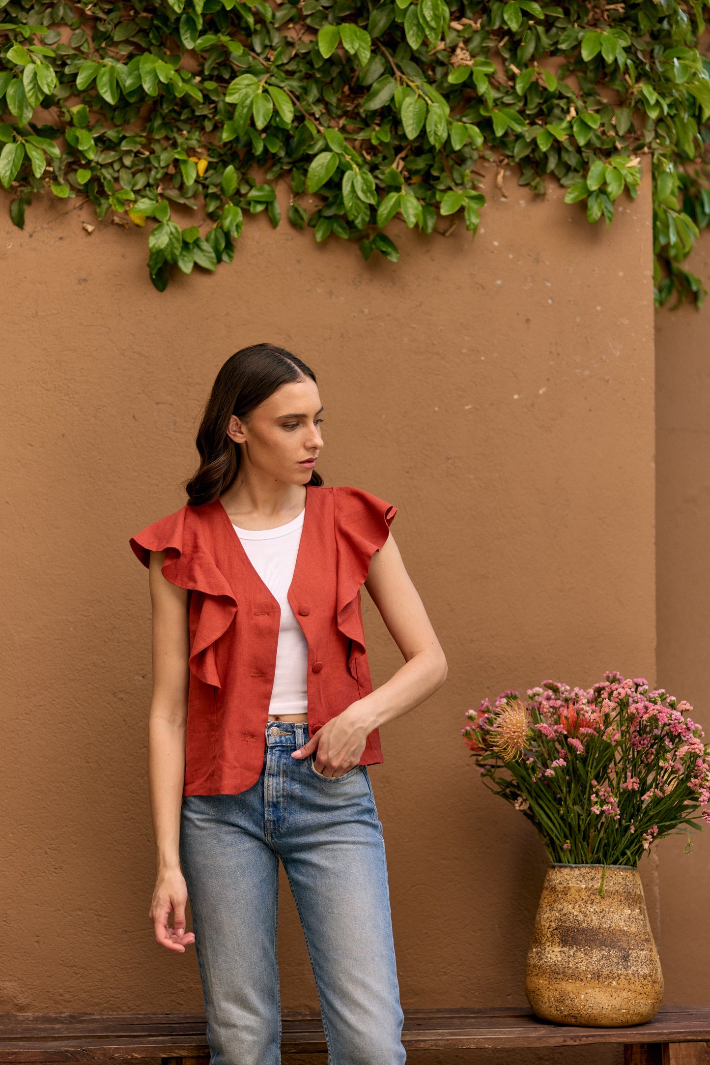BLUSA LINO INES TERRACOTA