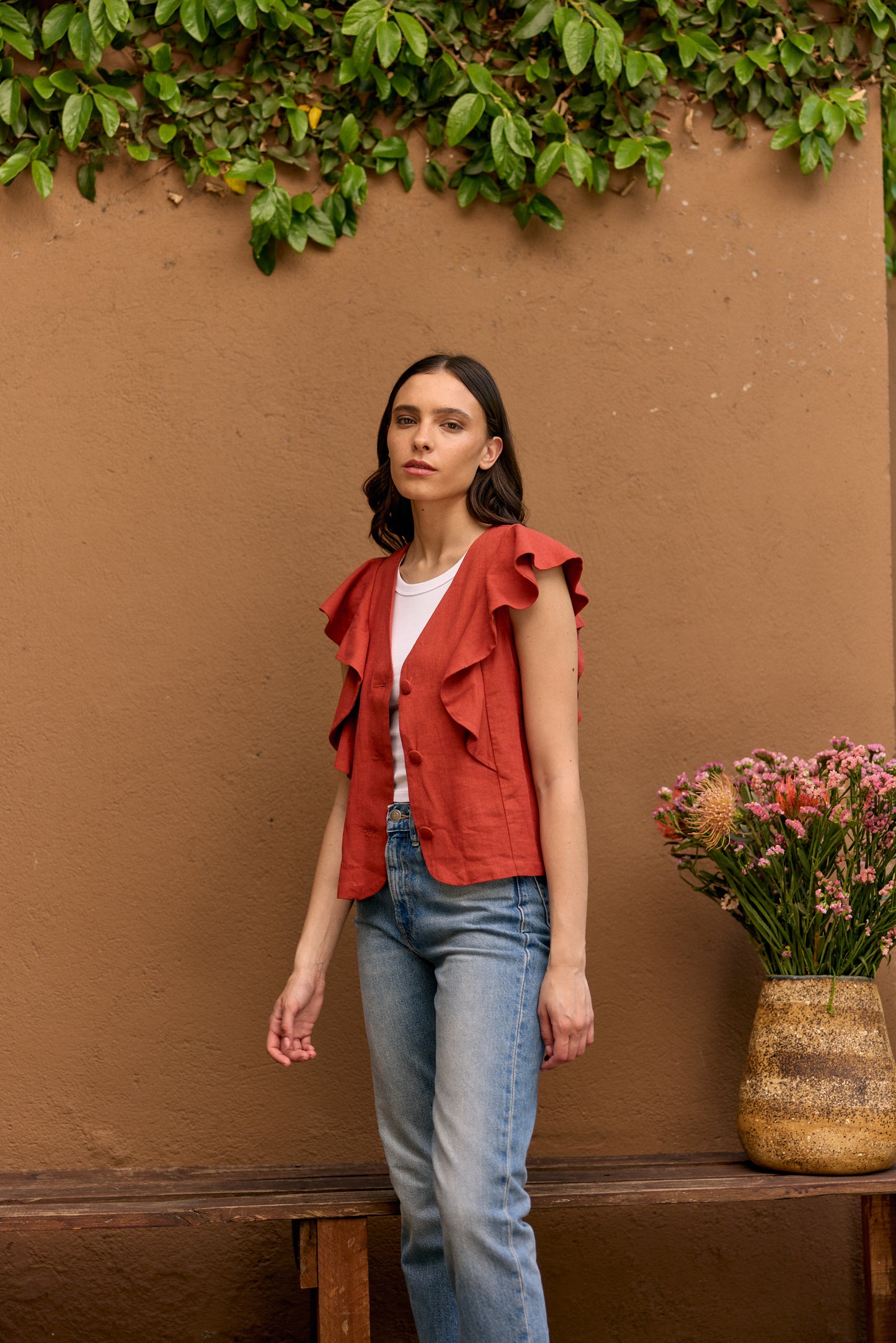BLUSA LINO INES TERRACOTA