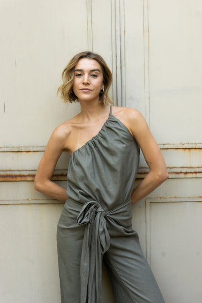PANTALÓN LINO SARA VERDE MUSGO