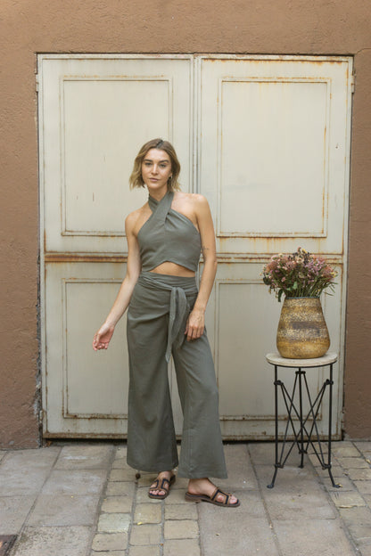 PANTALÓN LINO SARA VERDE MUSGO