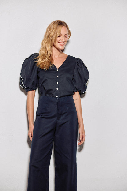 BLUSA LETICIA LINO AZUL MARINO