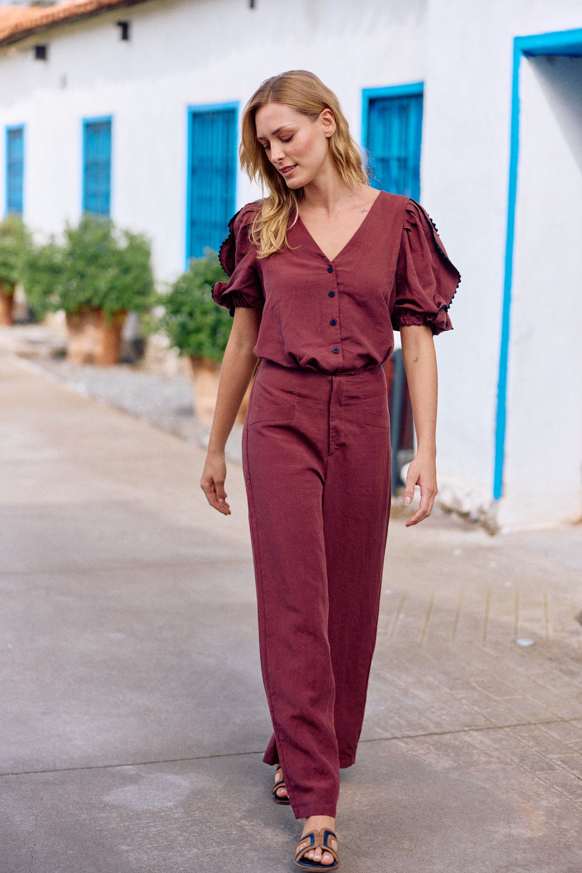 PANTALÓN LOURDES LINO BERENJENA