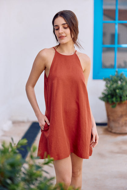 VESTIDO JULIETA LINO TERRACOTA