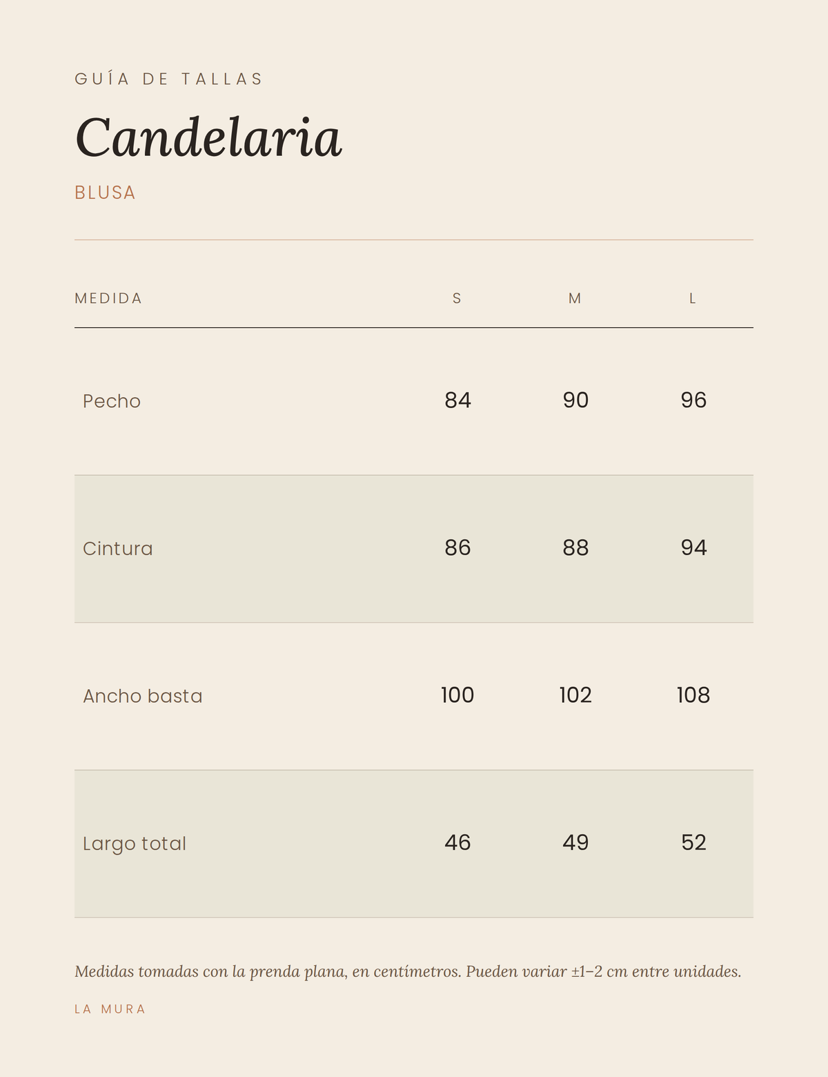 Guía de tallas BLUSA CANDELARIA NEGRO