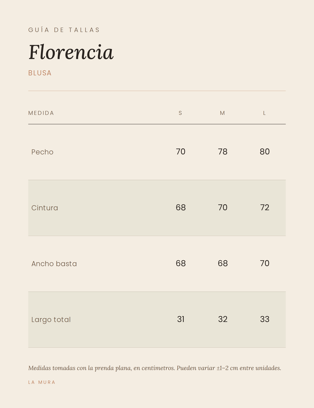 Guía de tallas BLUSA FLORENCIA COBRE