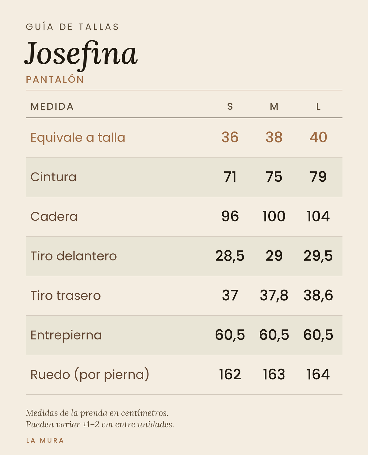 Guía de tallas PANTALÓN JOSEFINA LINO CHOCOLATE