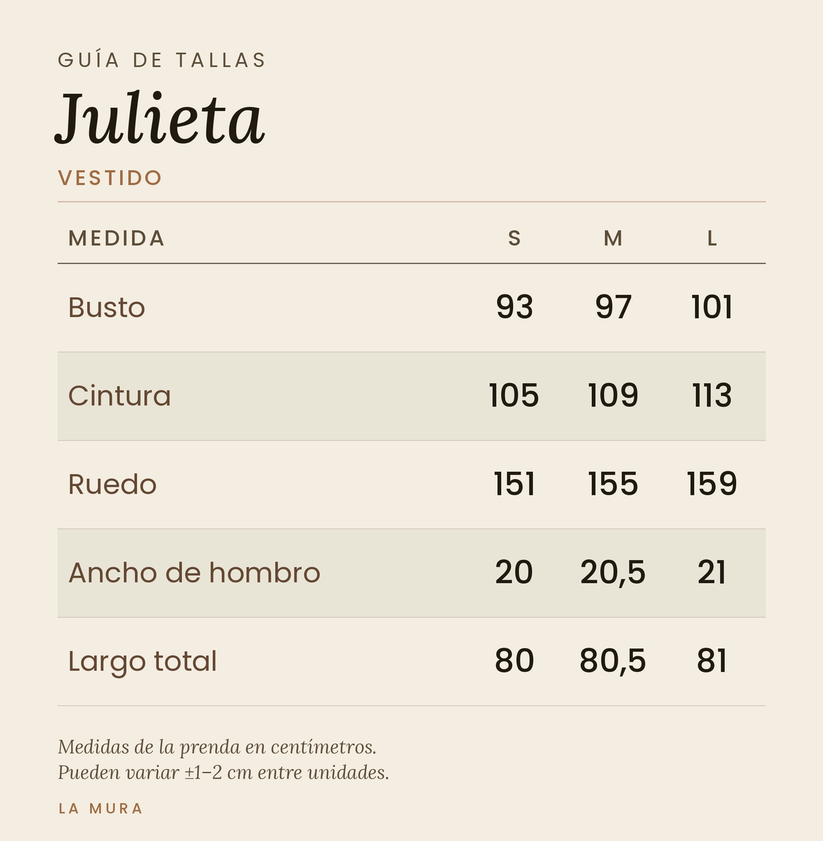 Guía de tallas VESTIDO JULIETA LINO TERRACOTA