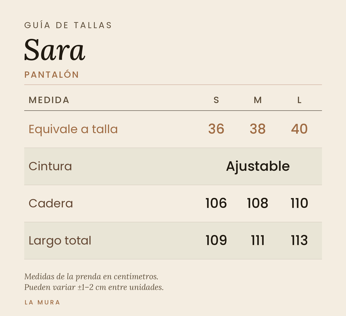 Guía de tallas PANTALÓN SARA LINO NEGRO