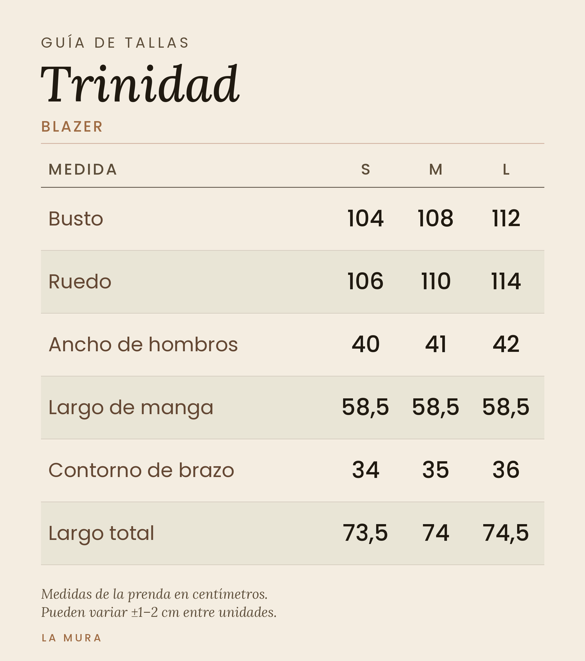 Guía de tallas BLAZER TRINIDAD LINO CHOCOLATE