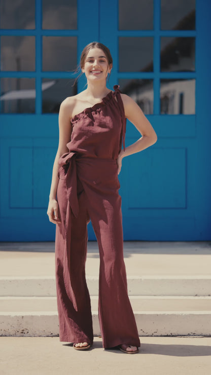 Pantalón Sara Lino Berenjena con Blusa Sofía