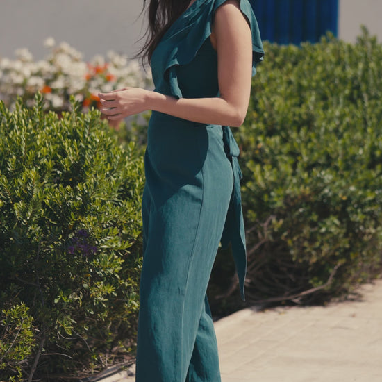 Pantalón Sara Lino Petróleo con Blusa Clementina