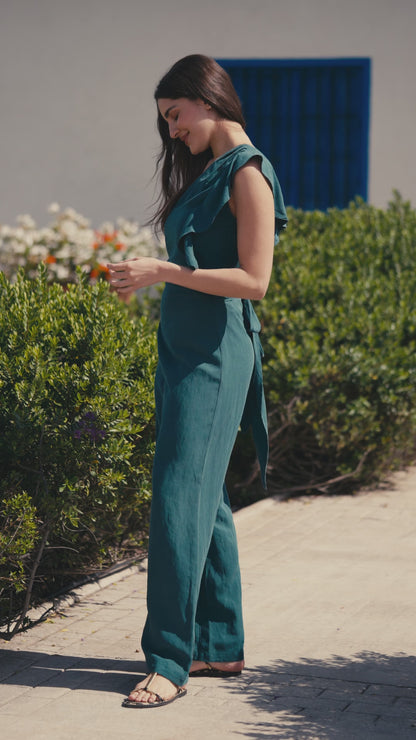 Pantalón Sara Lino Petróleo con Blusa Clementina
